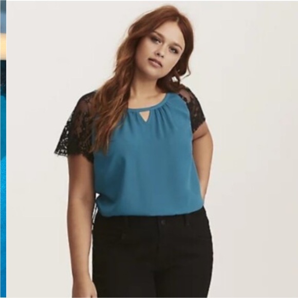 Torrid Turquoise Georgette Lace Sleeve Blouse - Picture 6 of 6